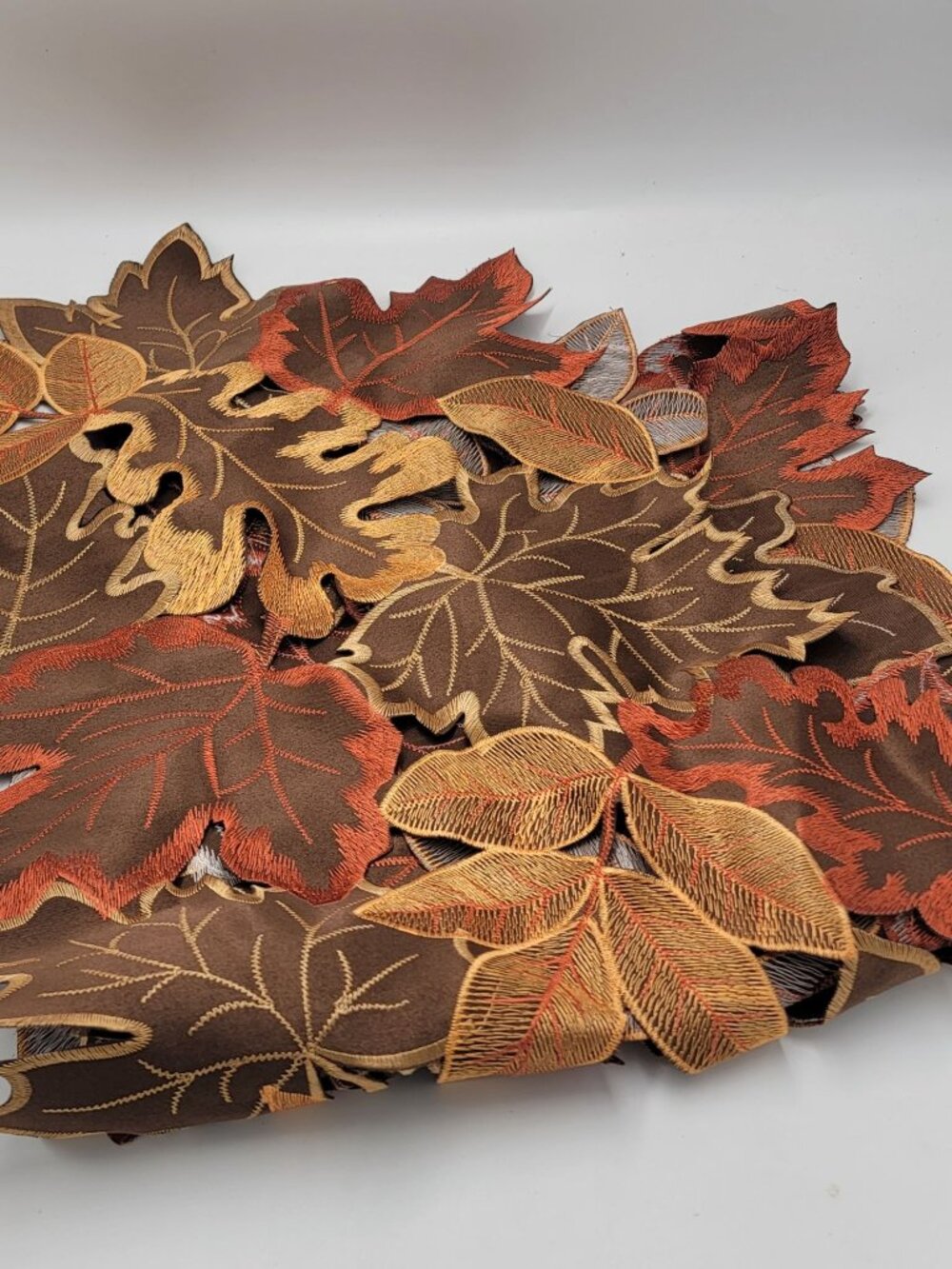 Decorative Autumn Leaf Table Runner Embroidered Brown & Orange Fall Leaves 67"